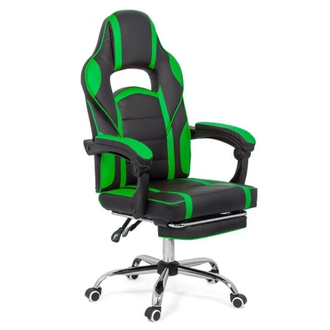Scaun de gaming cu suport de picioare pe culoarea negru cu verde
