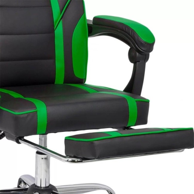 Scaun de gaming cu suport de picioare pe culoarea negru cu verde