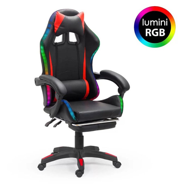 Scaun de gaming cu banda LED RGB pe culoarea roșu cu negru