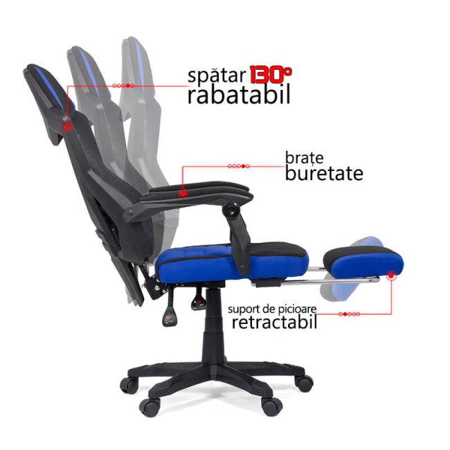 Scaun de birou cu suport de picioare albastru cu negru