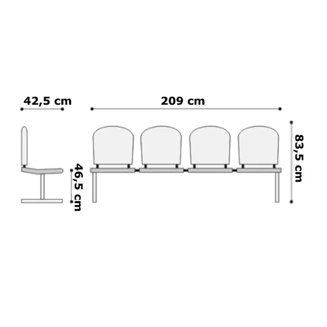 Bancă de așteptare cu 4 locuri din lemn pe cadru negru