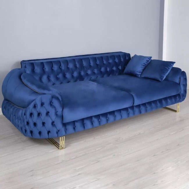 Canapea BELLA 3 locuri structură metalică, tapițerie catifea albastră