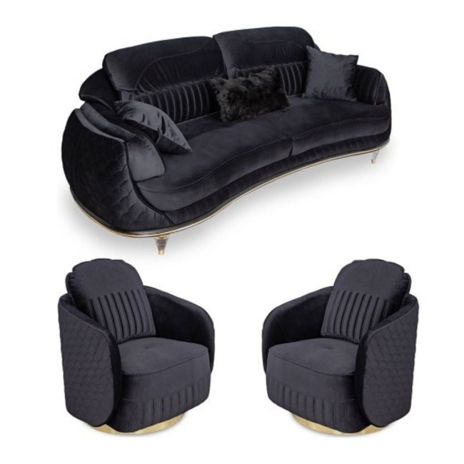 Set 3 canapea Luxury Atlanta cu 2 fotolii catifea neagră