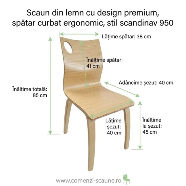 Scaun din lemn 950 – design premium scandinav, spătar curbat ergonomic și stil eco-friendly