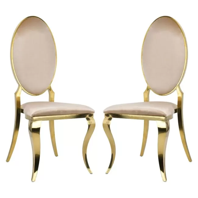 Scaun lux tapițat catifea crem, cadru inox auriu