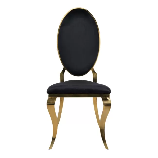 Scaun lux tapițat pe catifea neagră, cadru inox auriu