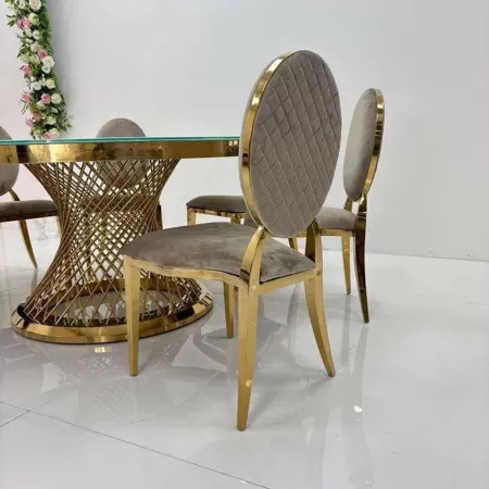 Scaun lux tapițat catifea cappuccino, oțel inoxidabil, cadru auriu