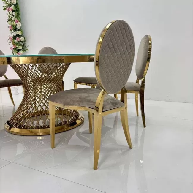 Scaun lux tapițat catifea cappuccino, oțel inoxidabil, cadru auriu