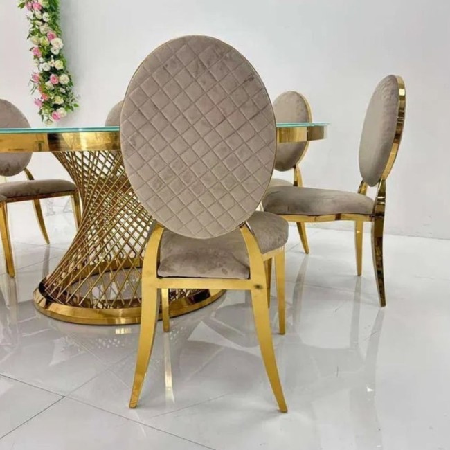 Scaun lux tapițat catifea cappuccino, oțel inoxidabil, cadru auriu