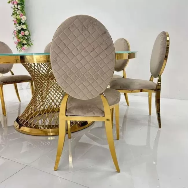 Scaun lux tapițat catifea cappuccino, oțel inoxidabil, cadru auriu