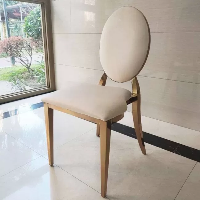 Scaun lux tapițat catifea crem, oțel inoxidabil, cadru auriu