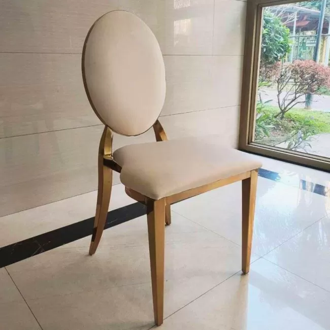 Scaun lux tapițat catifea crem, oțel inoxidabil, cadru auriu