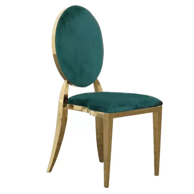 Scaun lux tapițat catifea verde, oțel inoxidabil, cadru auriu