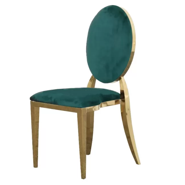 Scaun lux tapițat catifea verde, oțel inoxidabil, cadru auriu