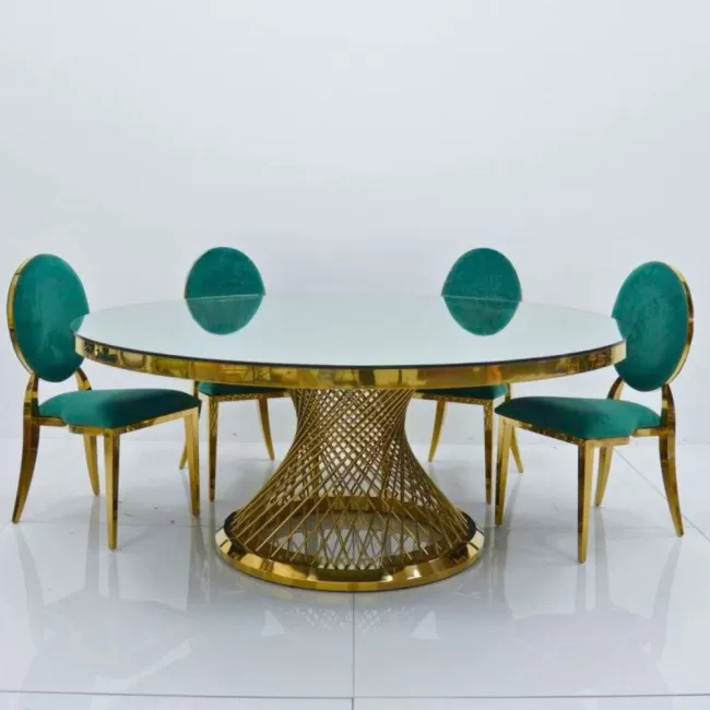 Scaun lux tapițat catifea verde, oțel inoxidabil, cadru auriu