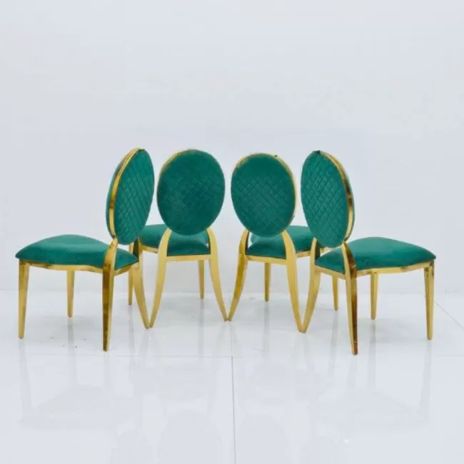 Scaun lux tapițat catifea verde, oțel inoxidabil, cadru auriu