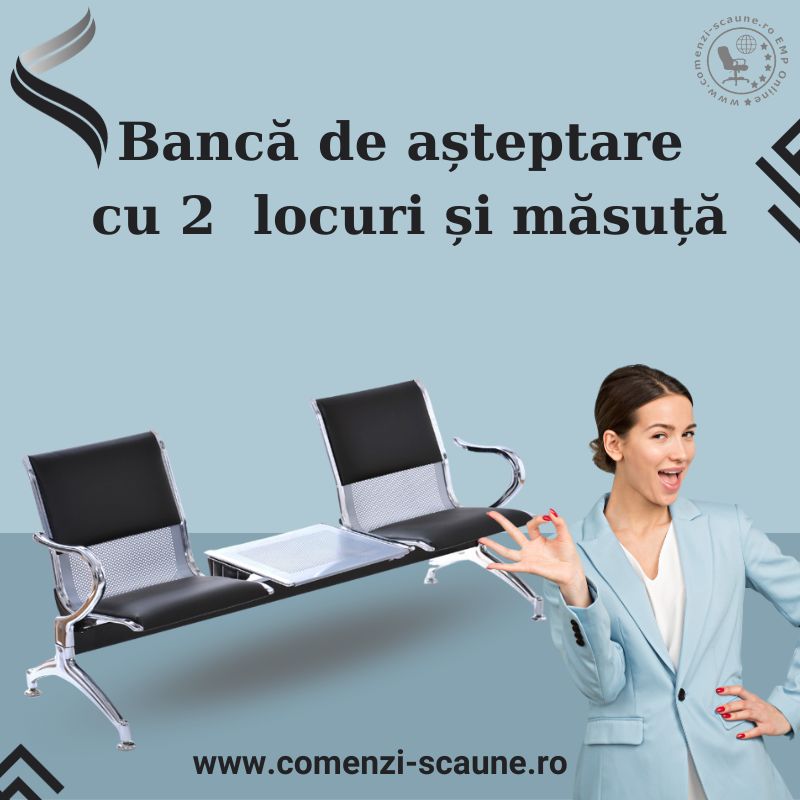 Bancă metalică de așteptare cu 2 locuri și masuță