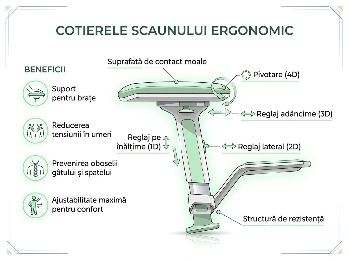 Cotierele reprezintă o componentă importantă a unui scaun ergonomic, având rolul de a susține brațele Cotierele reprezintă o componentă importantă a unui scaun ergonomic, având rolul de a susține brațele