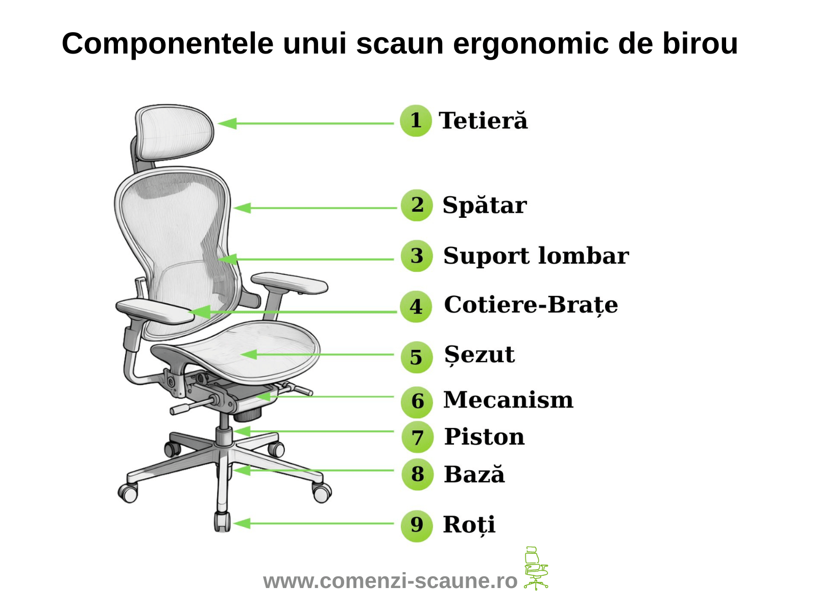 Componentele unui scaun ergonomic de birou