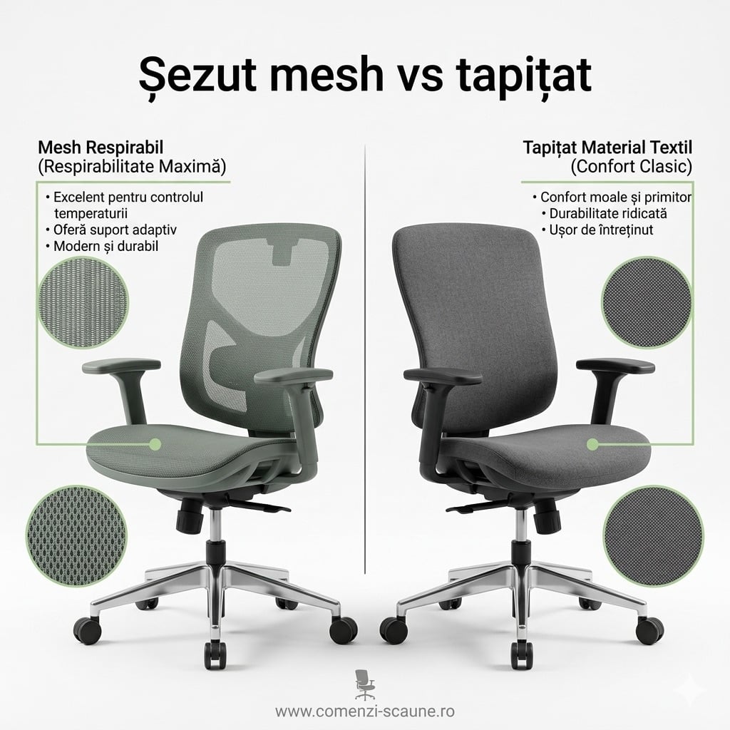 Șezut scaun birou cu material mesh vs material tapițat Șezut scaun birou cu material mesh vs material tapițat