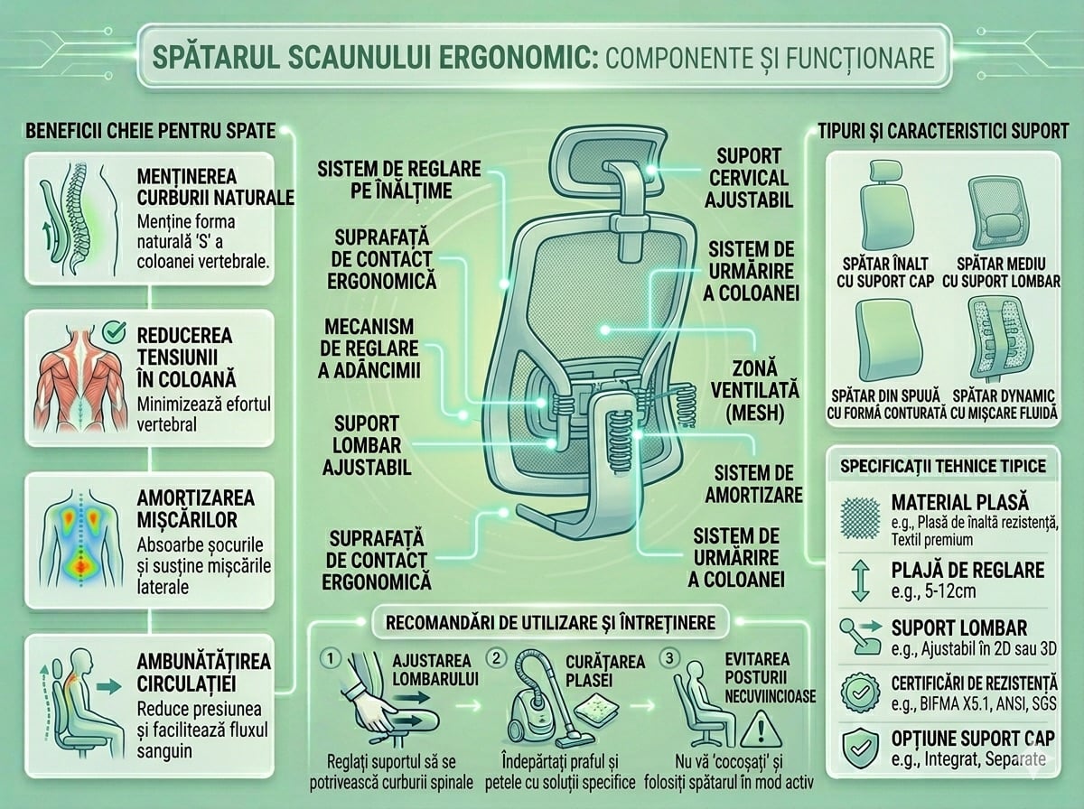 Spătarul reprezintă una dintre cele mai importante componente ale unui scaun ergonomic Spătarul reprezintă una dintre cele mai importante componente ale unui scaun ergonomic