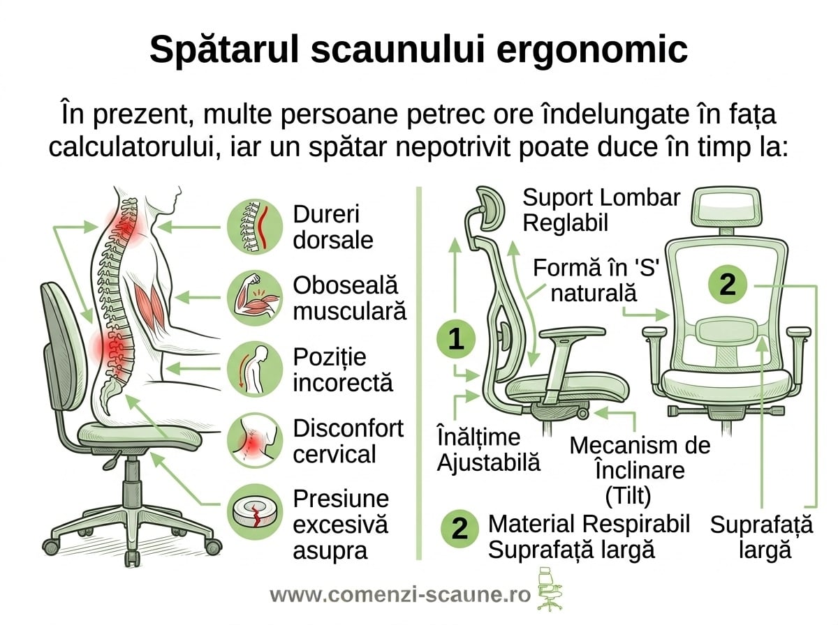 Spătarul reprezintă una dintre cele mai importante componente ale unui scaun ergonomic Spătarul reprezintă una dintre cele mai importante componente ale unui scaun ergonomic