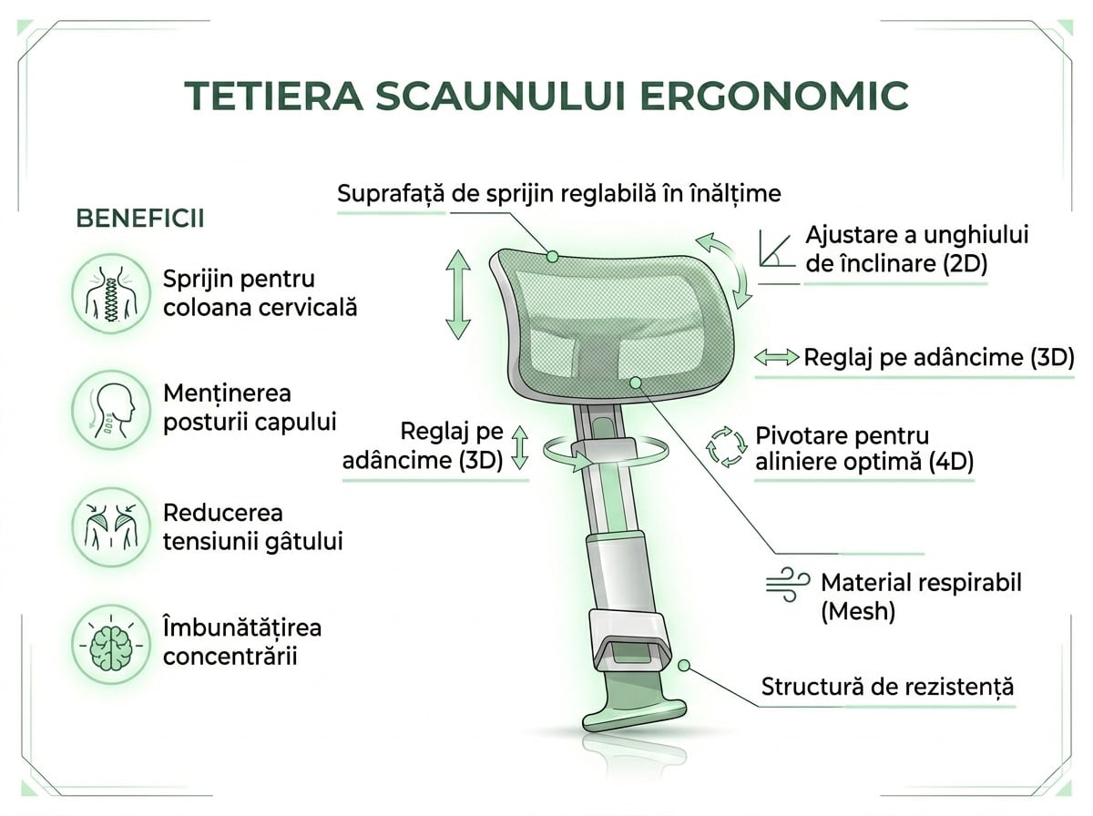Tetiera scaunului reprezintă componenta destinată susținerii capului și a zonei cervicale Tetiera scaunului reprezintă componenta destinată susținerii capului și a zonei cervicale