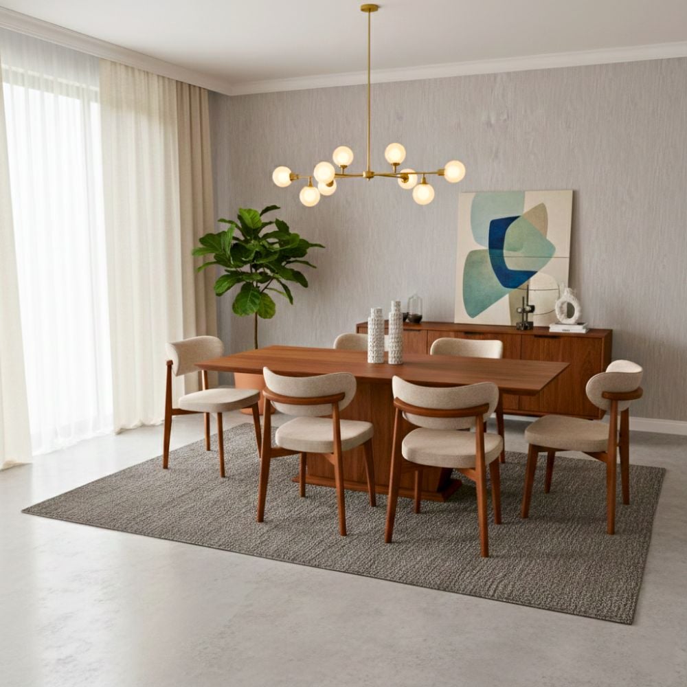 Masă cu 8 scaune, spătar curbat, catifea bej – set elegant pentru living