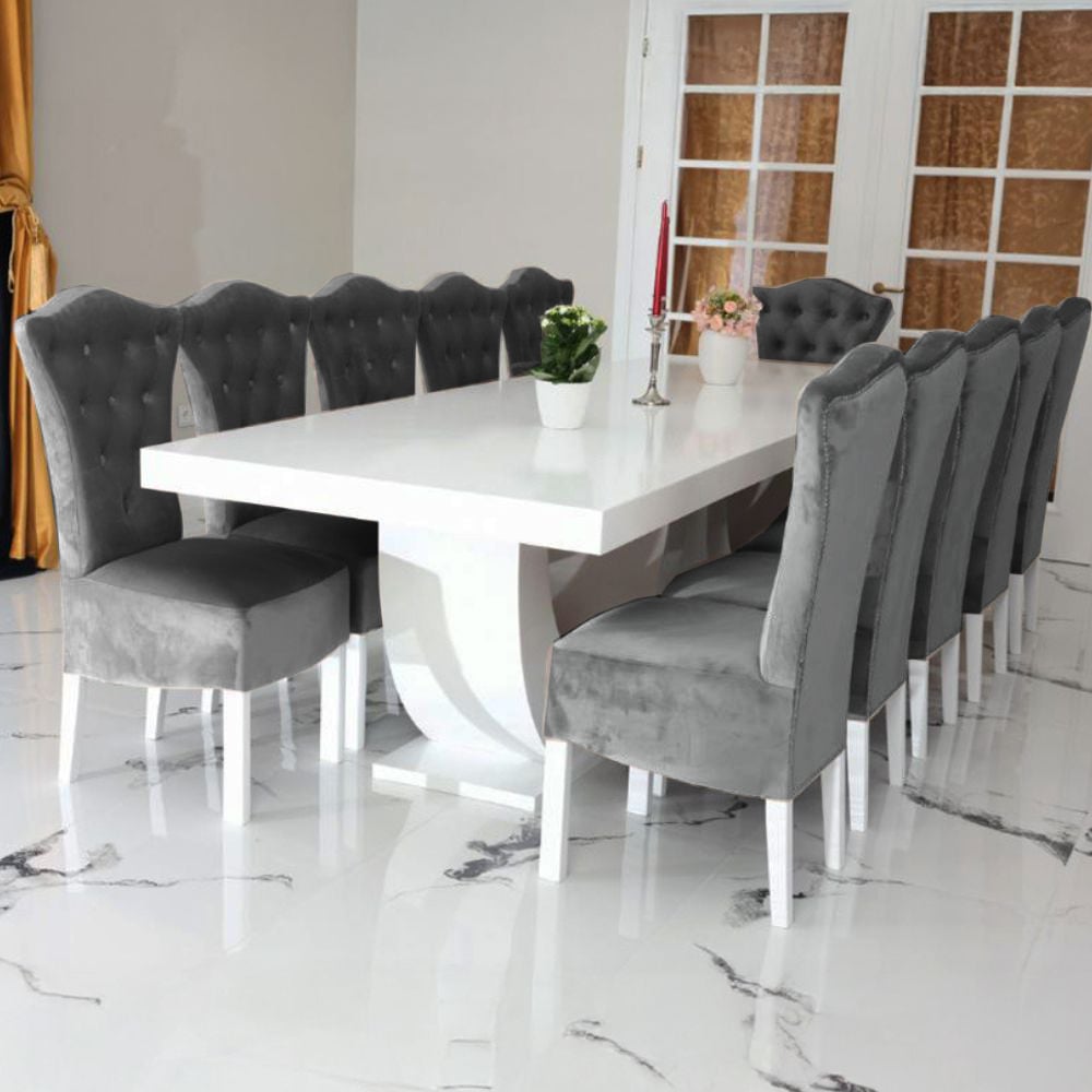 Masă living, bucătărie cu 12 scaune din catifea diverse culori, gri