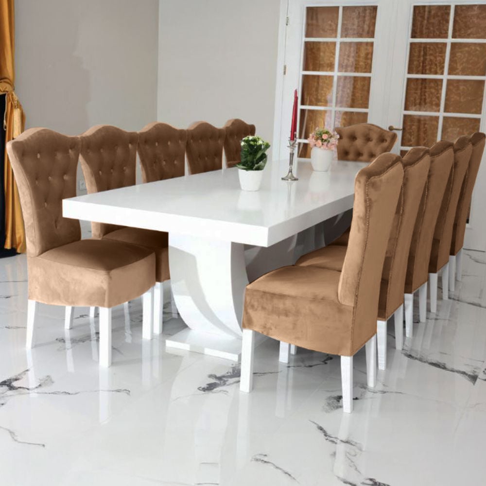 Masă living, bucătărie cu 12 scaune din catifea diverse culori, maro