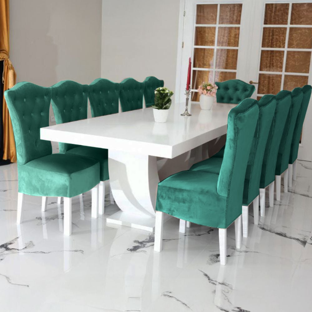 Masă living, bucătărie cu 12 scaune din catifea diverse culori, verde
