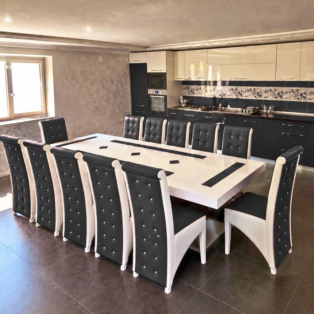 Set masă cu 12 scaune pe culoarea negru cu alb