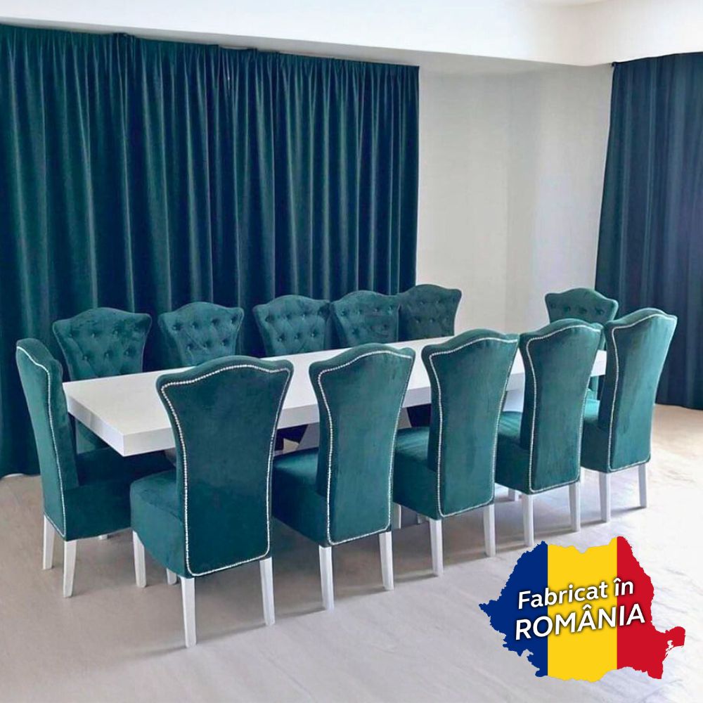 Set masă mare cu 12 scaune royal din catifea verde