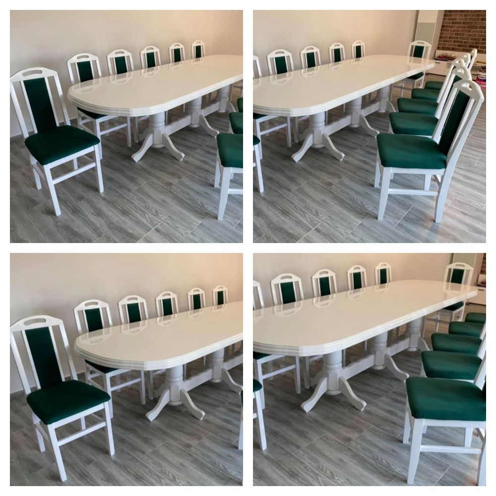 Set masă cu 12 scaune vintage, culoare Alb+Verde