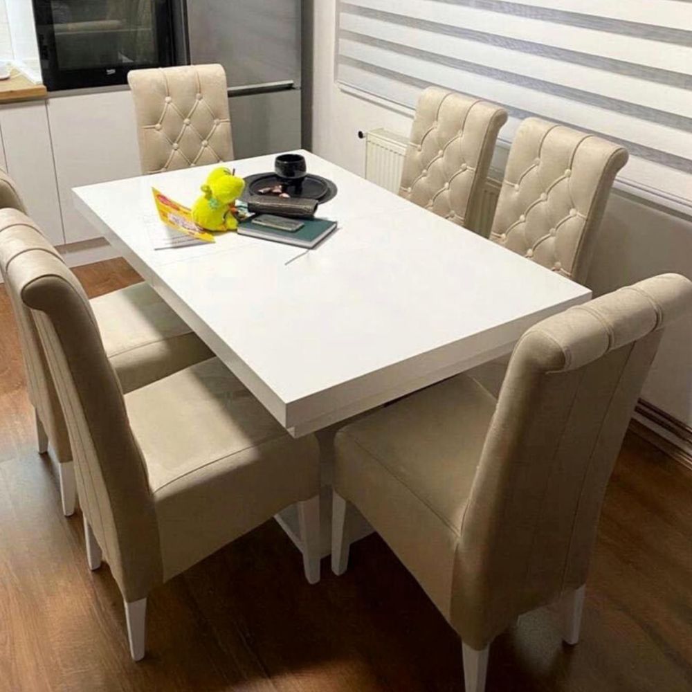 Masă bucătărie alb lucios din MDF de 180 cm pentru 6 persoane