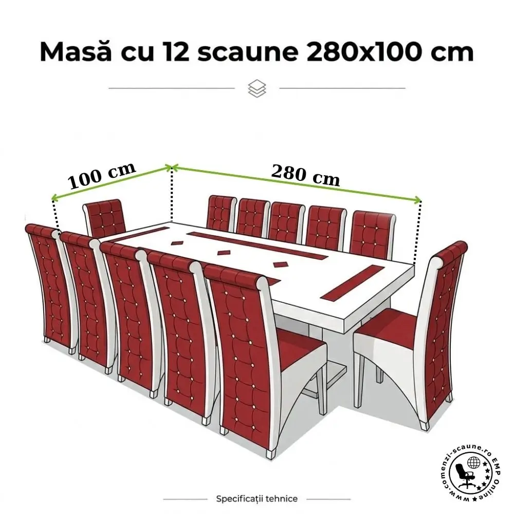 Dimensiuni masă cu 12 scaune, 280 cm, 100 cm