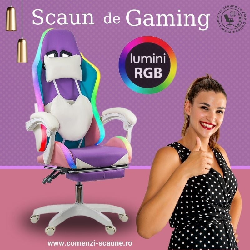 Scaun gaming cu iluminare si suport picioare OFF 298 mov si roz prezentare