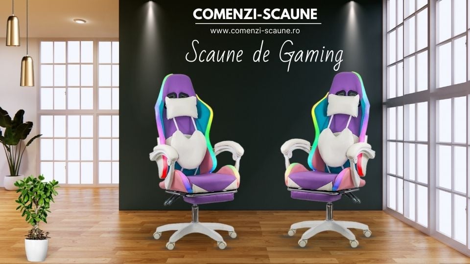 Scaun gaming cu iluminare si suport picioare OFF 298 mov si roz-Comenzi-Scaune