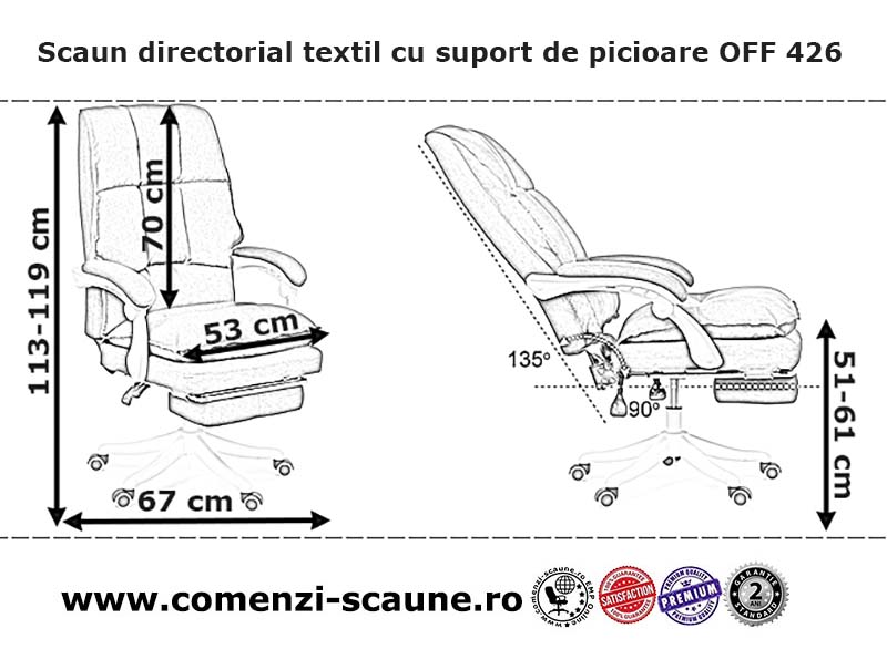 Dimensiuni scaun directorial textil cu suport de picioare OFF 426 gri