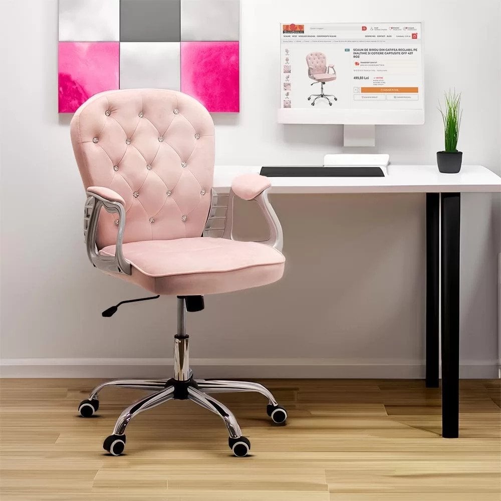 Scaune de birou reglabile din catifea roz și bază metalică