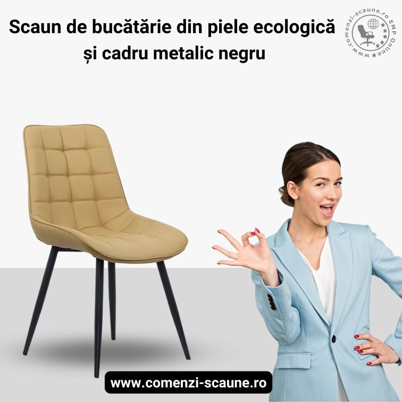 Scaune bucatarie piele ecologica si cadru metalic negru BUC 206P Bej