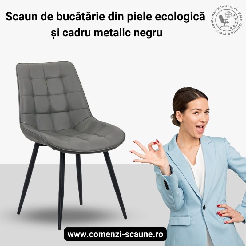 Scaune bucatarie piele ecologica si cadru metalic negru BUC 206P Gri Prezentare