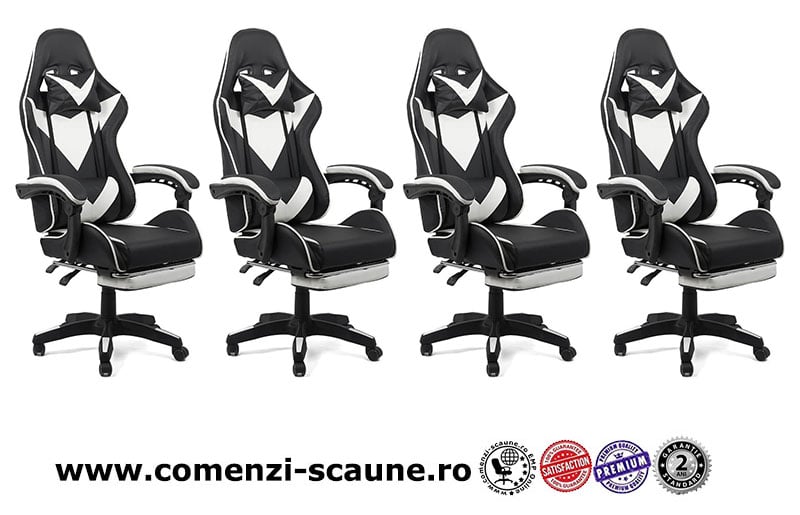 Scaun gaming cu spatar reglabil si suport picioare alb/negru OFF 299