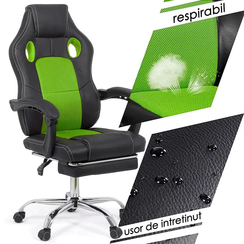 Scaun de gaming cu suport picioare pe culoarea negru cu verde-OFF3091-2