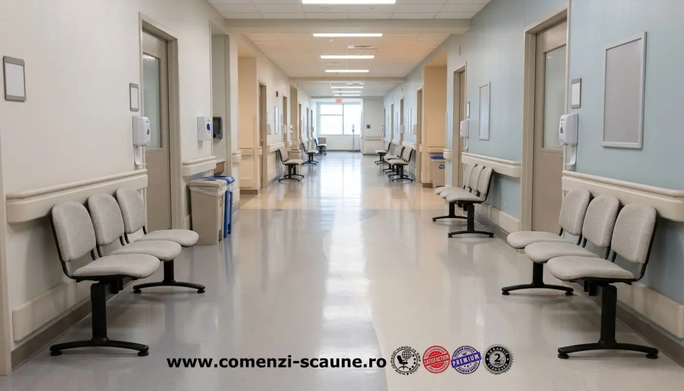Bănci de așteptare cu tapițerie crem și structură metalică neagră, dispuse pe holul unei policlinici.