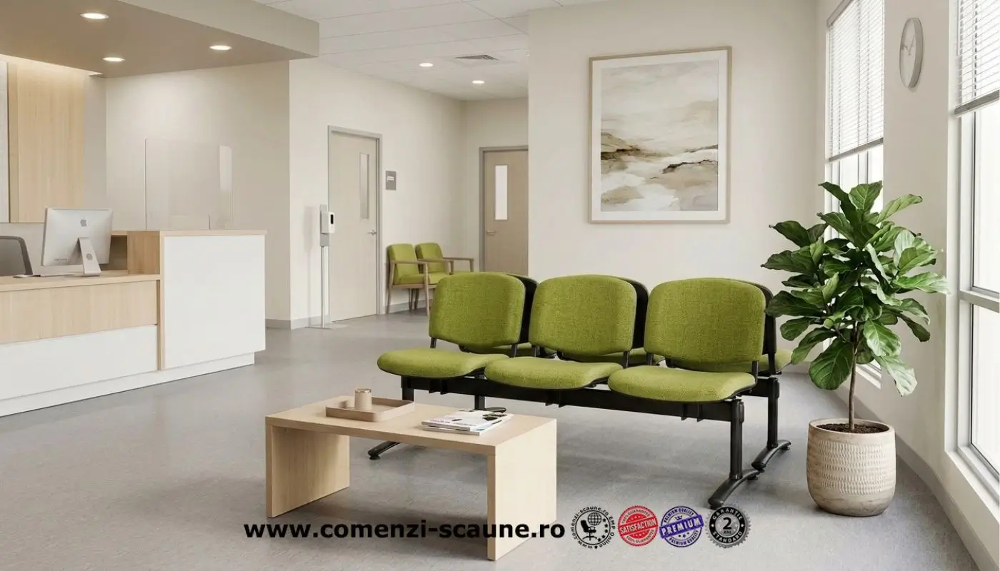 Bănci de așteptare cu 3 și 4 locuri, tapițate cu stofă verde, într-un hol spațios de unitate medicală.
