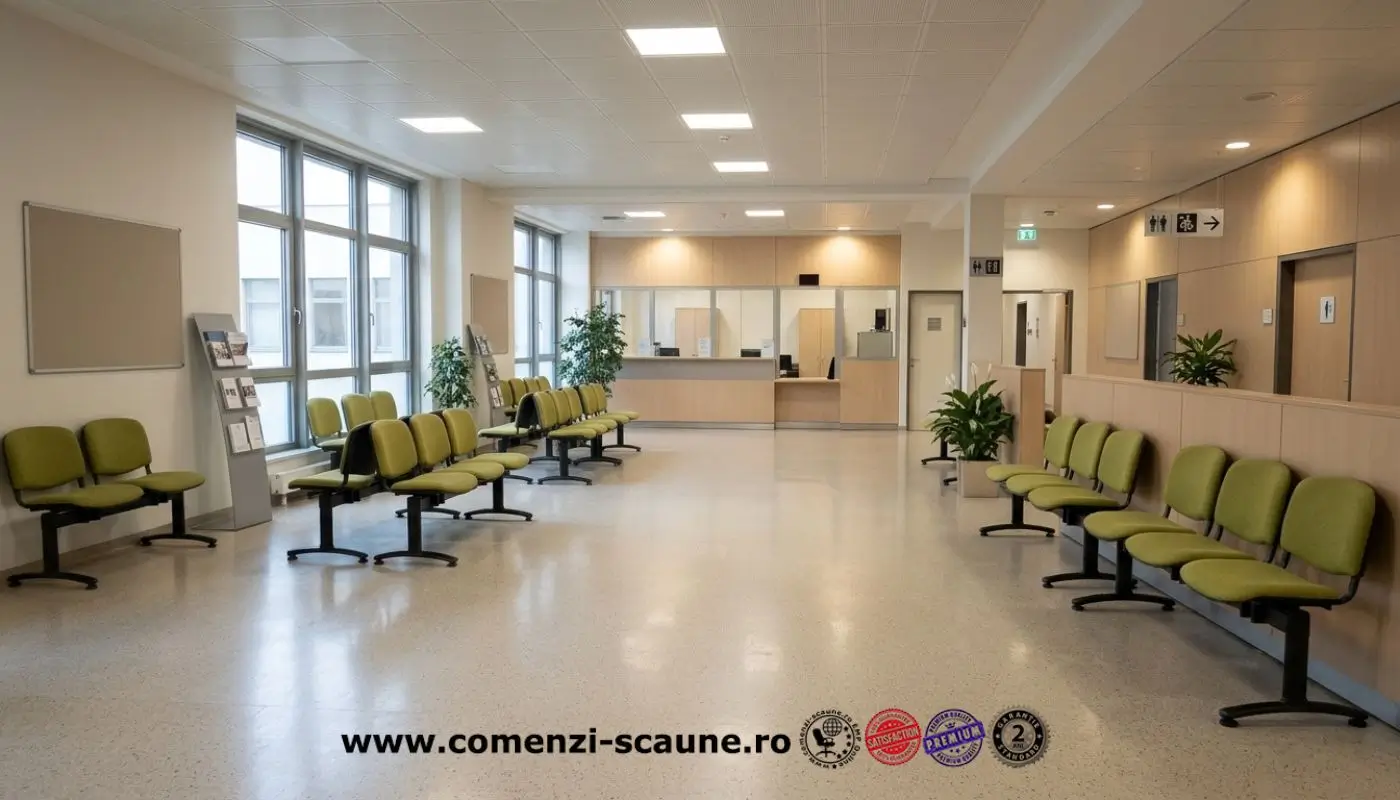 Bănci de așteptare cu 3 locuri, tapițate cu stofă crem, într-o sală de recepție pentru unități medicale.