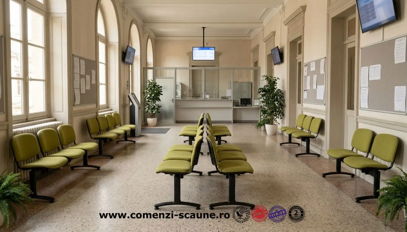 Bănci de așteptare cu tapițerie verde și cadru metalic negru, într-o recepție luminoasă de cabinet medical.