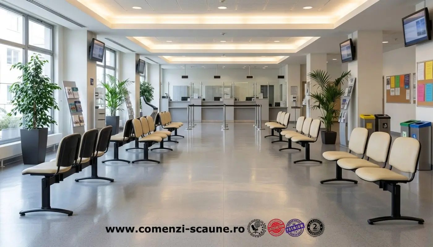 Bănci de așteptare tapițate cu stofă crem, organizate în zona de recepție a unei instituții publice.