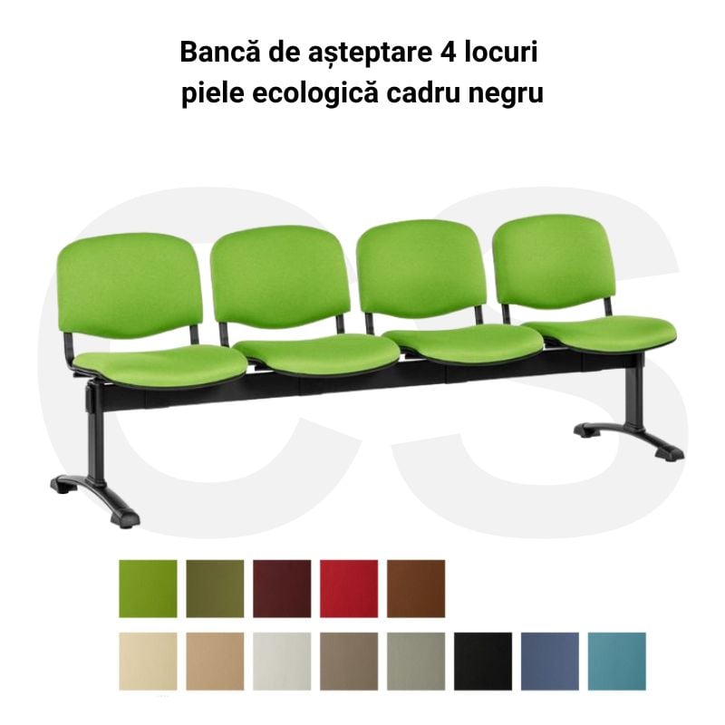 Bancă de așteptare 4 locuri din piele ecologică pe cadru negru